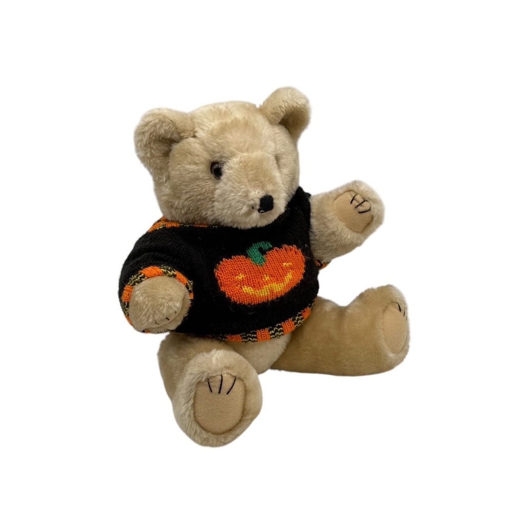 Vintage Jointed Teddy Bear In Pumpkin Halloween Sweater 12" Stuffed Animal EUC